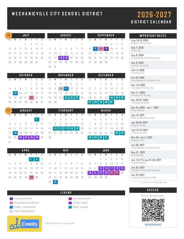 Mechanicville City School District printable 2026-27 calendar