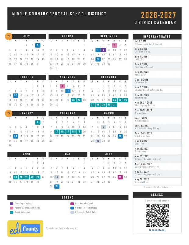 Middle Country Central School District printable 2026-27 calendar