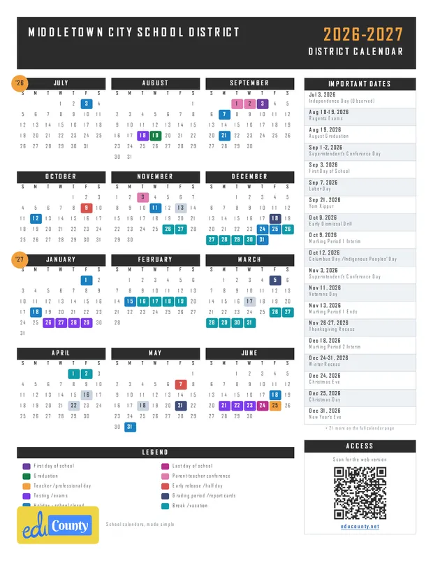 Middletown City School District printable 2026-27 calendar