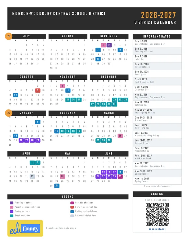 Monroe-Woodbury Central School District printable 2026-27 calendar