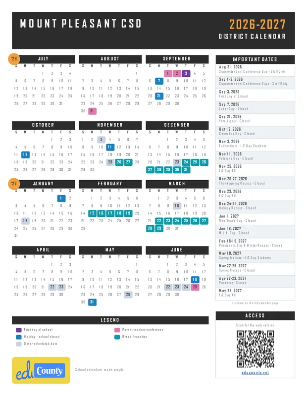 Mount Pleasant CSD printable 2026-27 calendar