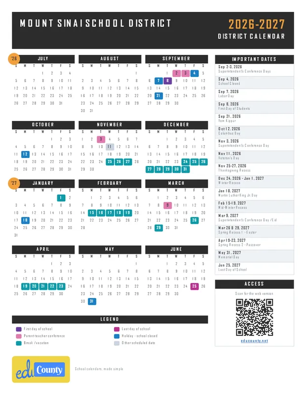 Mount Sinai School District printable 2026-27 calendar