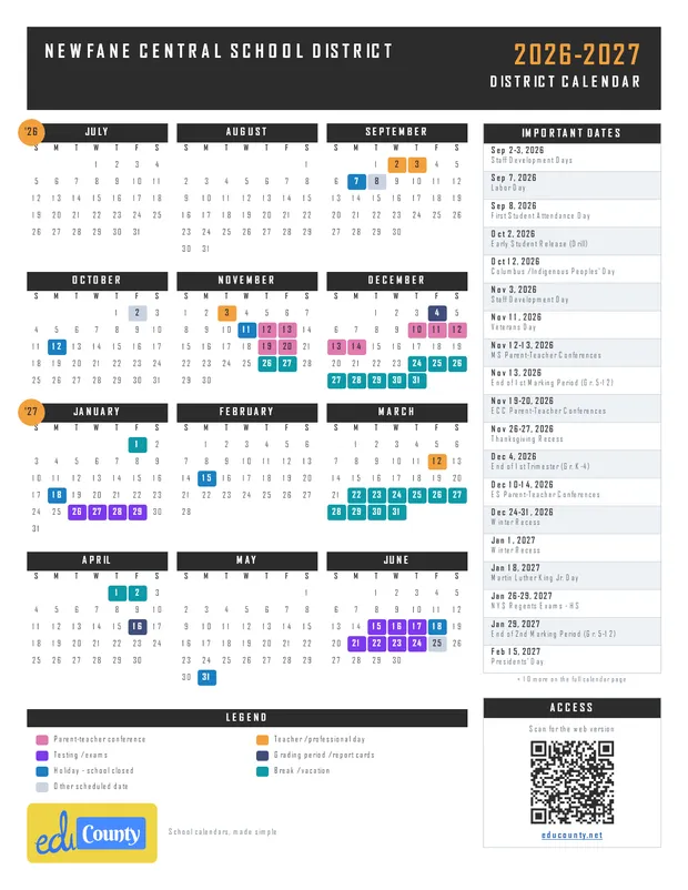 Newfane Central School District printable 2026-27 calendar