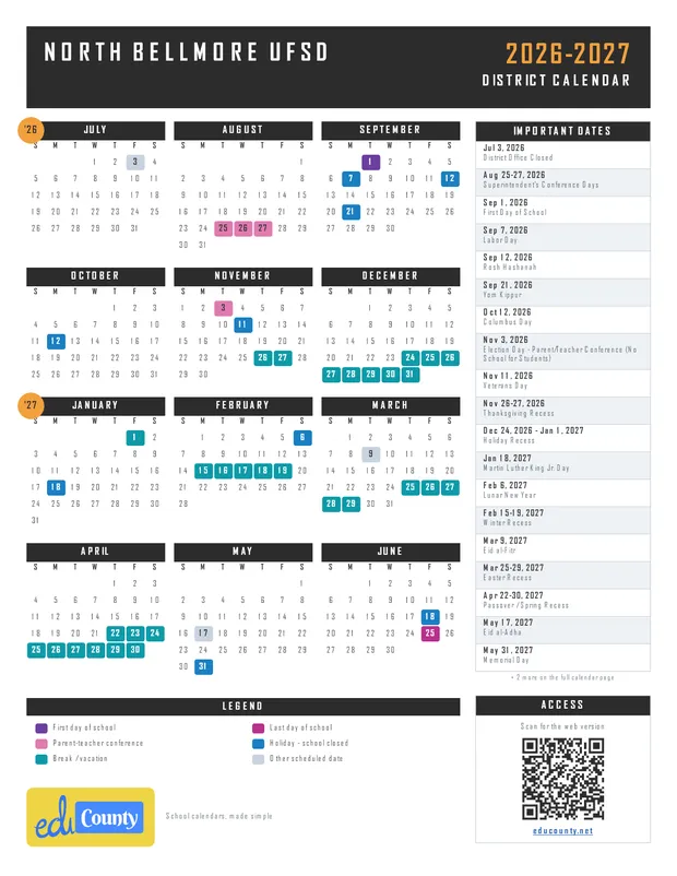 North Bellmore UFSD printable 2026-27 calendar