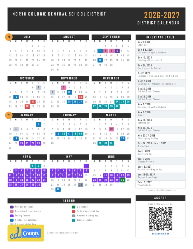 North Colonie Central School District printable 2026-27 calendar