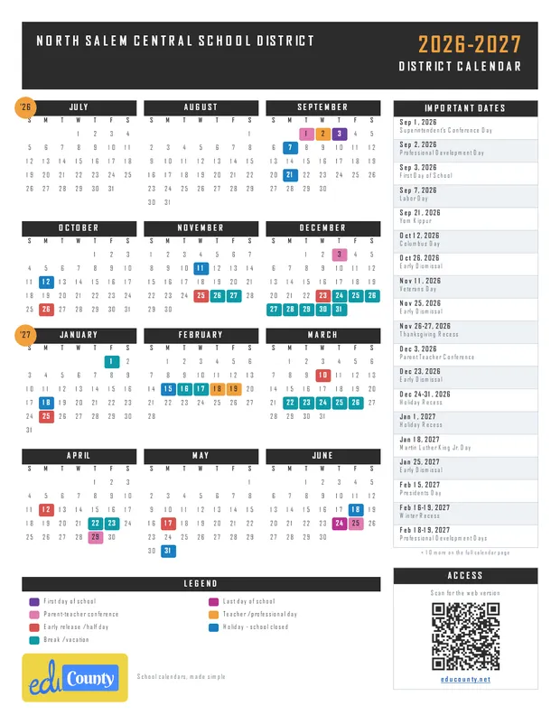North Salem Central School District printable 2026-27 calendar
