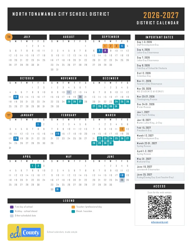 North Tonawanda City School District printable 2026-27 calendar