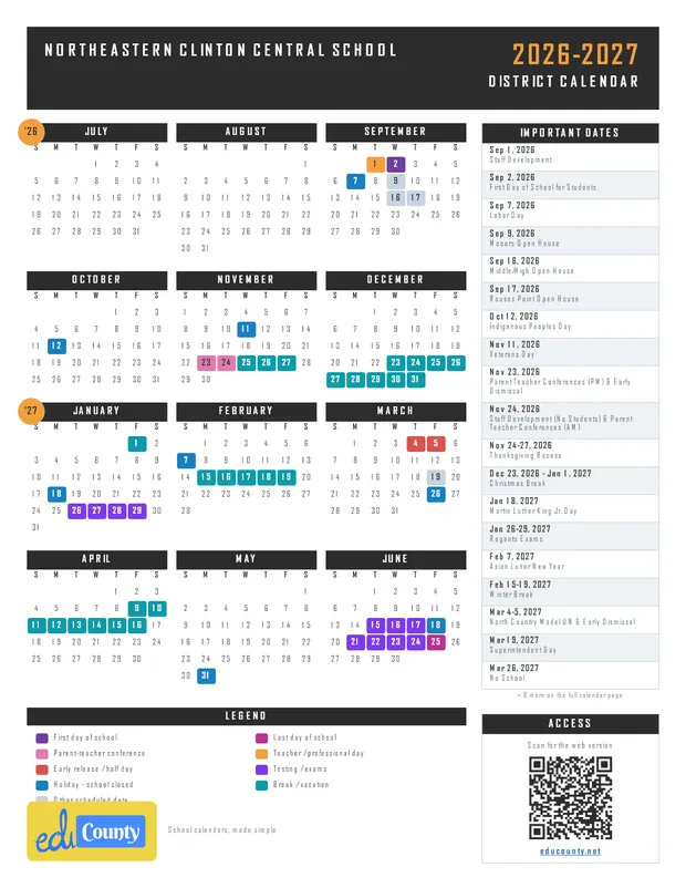 Northeastern Clinton Central School printable 2026-27 calendar