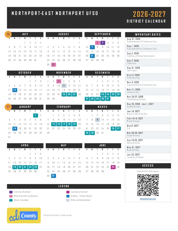 Northport-East Northport UFSD printable 2026-27 calendar