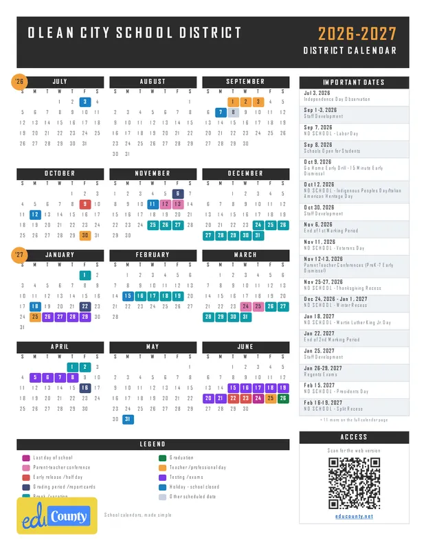 Olean City School District printable 2026-27 calendar