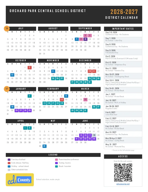 Orchard Park Central School District printable 2026-27 calendar