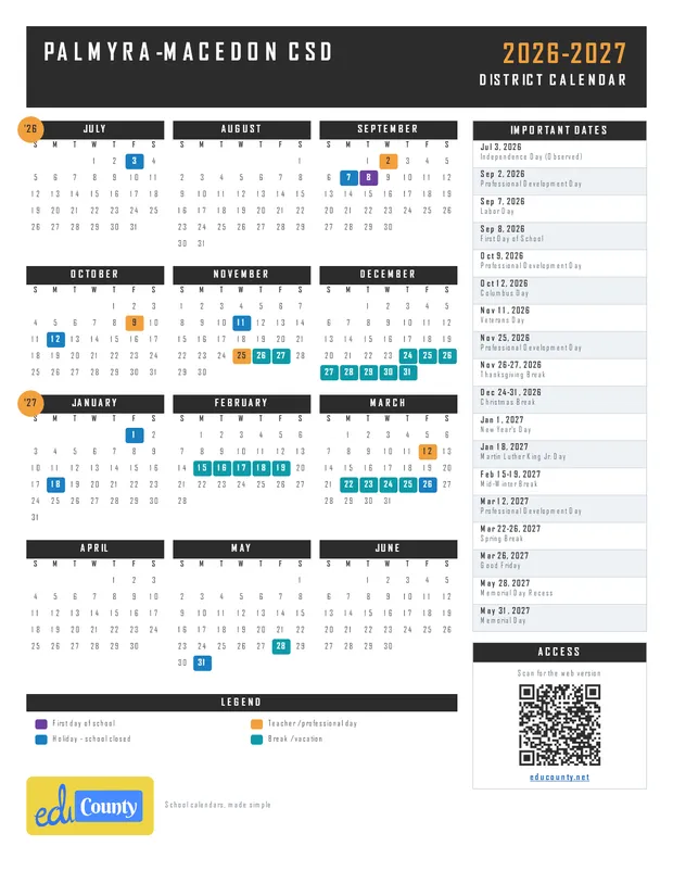 Palmyra-Macedon CSD printable 2026-27 calendar