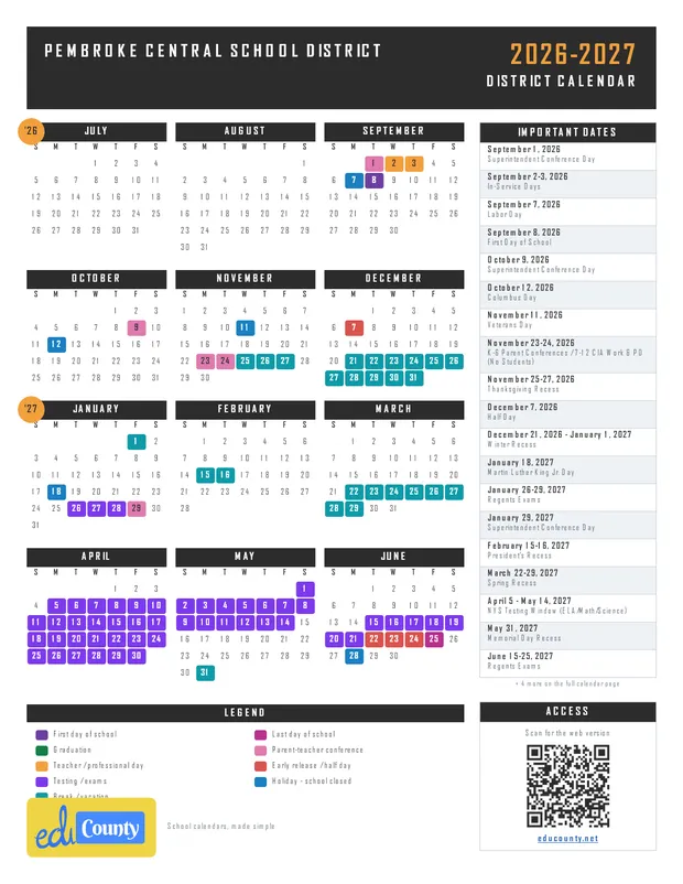 Pembroke Central School District printable 2026-27 calendar
