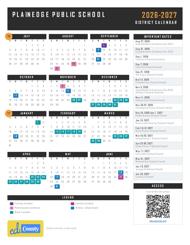 Plainedge Public School printable 2026-27 calendar