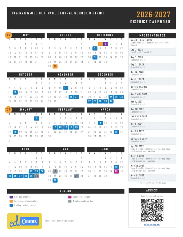 PLAINVIEW-OLD BETHPAGE CENTRAL SCHOOL DISTRICT printable 2026-27 calendar
