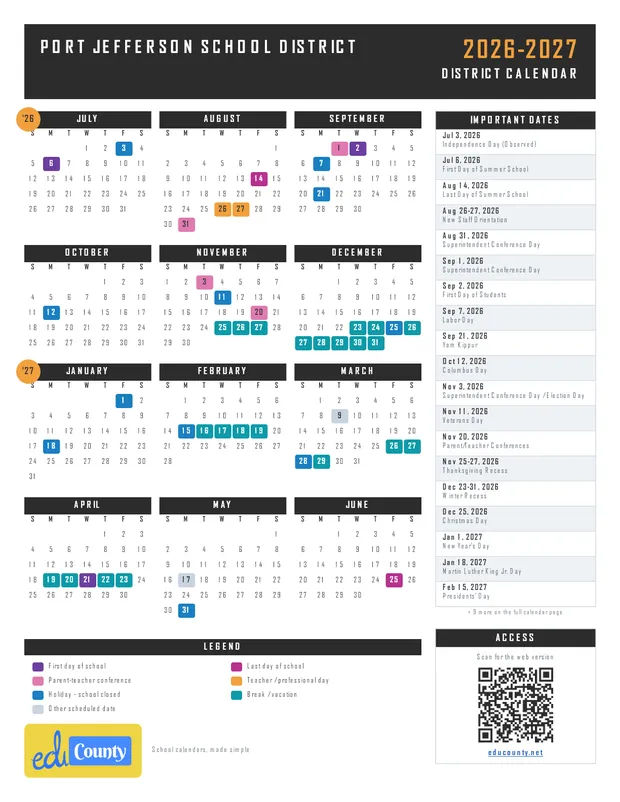 Port Jefferson School District printable 2026-27 calendar