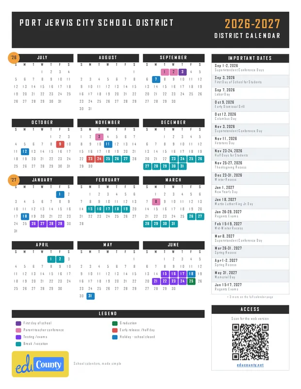 Port Jervis City School District printable 2026-27 calendar