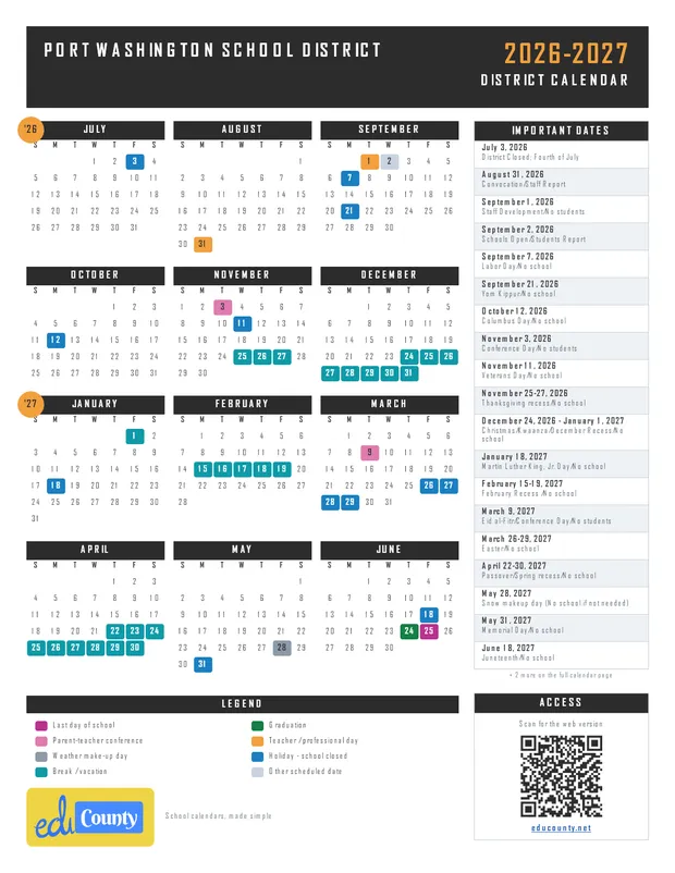 Port Washington School District printable 2026-27 calendar