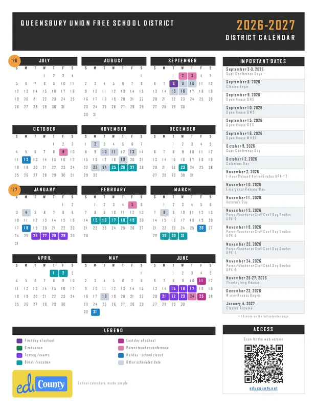 Queensbury Union Free School District printable 2026-27 calendar