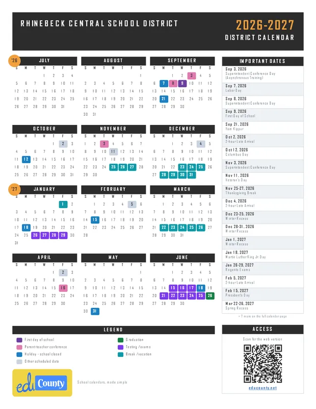 Rhinebeck Central School District printable 2026-27 calendar