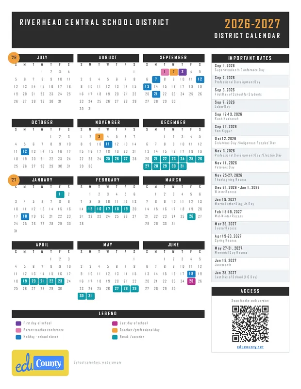 RIVERHEAD CENTRAL SCHOOL DISTRICT printable 2026-27 calendar