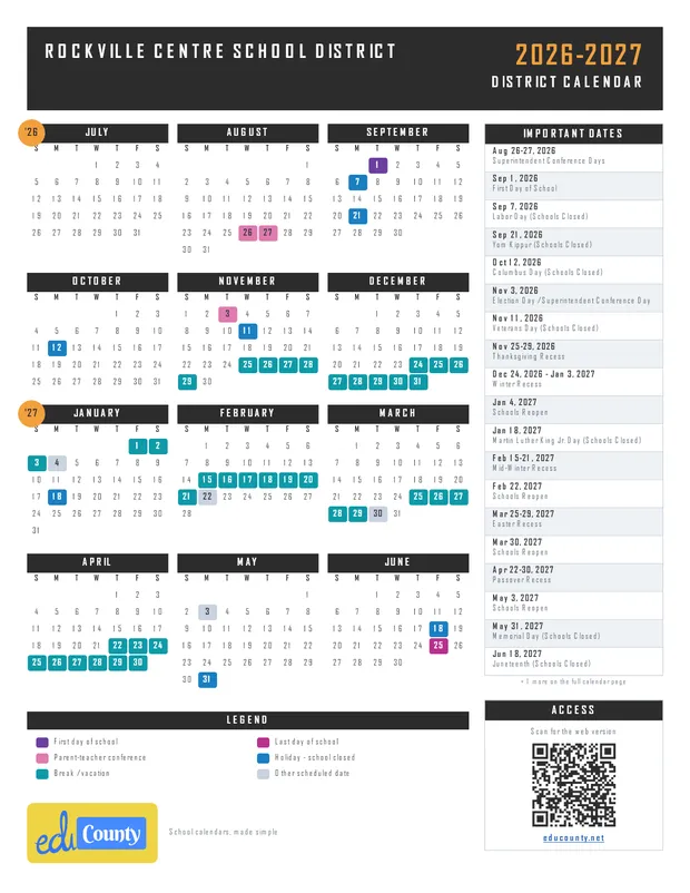Rockville Centre School District printable 2026-27 calendar