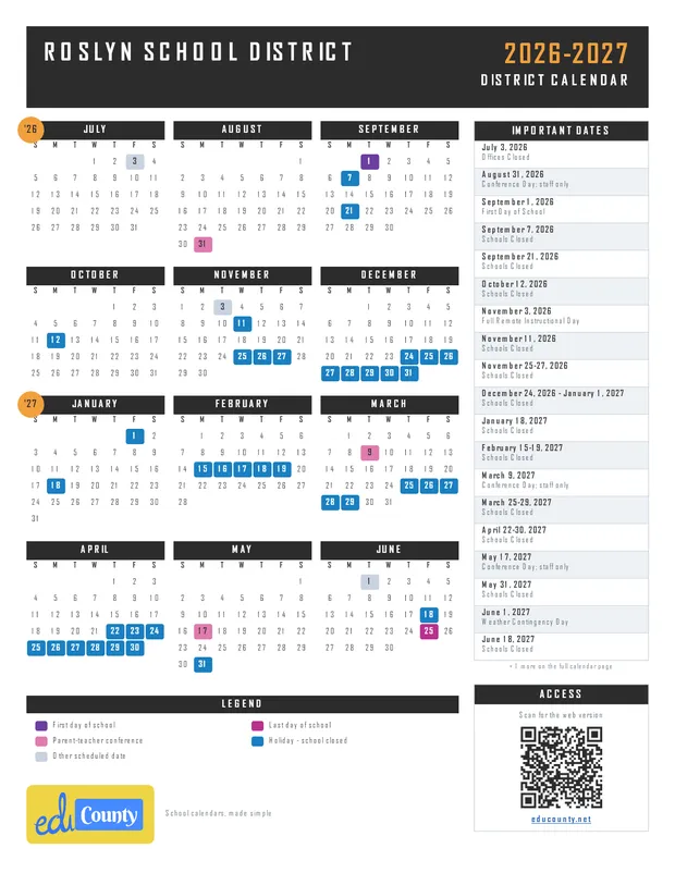 Roslyn School District printable 2026-27 calendar