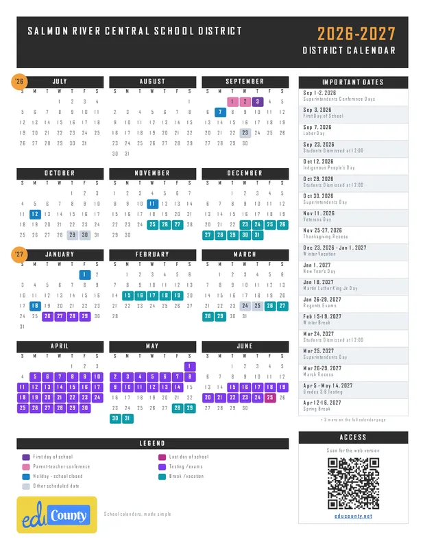 Salmon River Central School District printable 2026-27 calendar