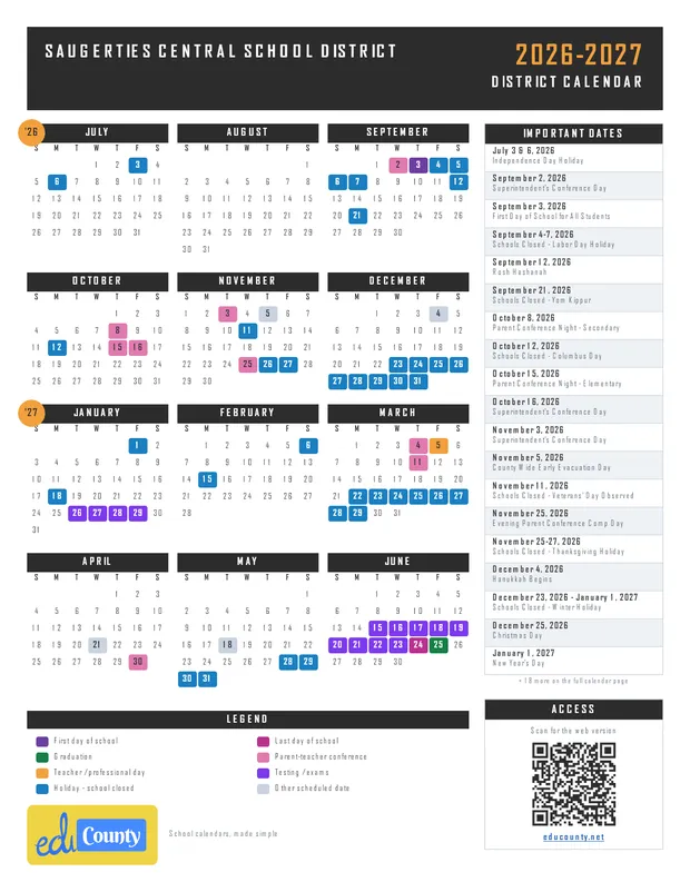 Saugerties Central School District printable 2026-27 calendar
