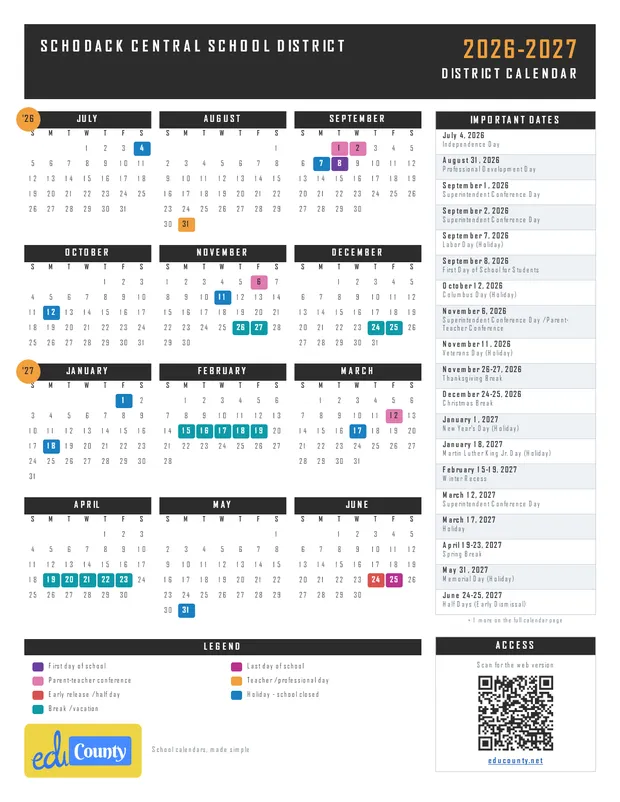 Schodack Central School District printable 2026-27 calendar