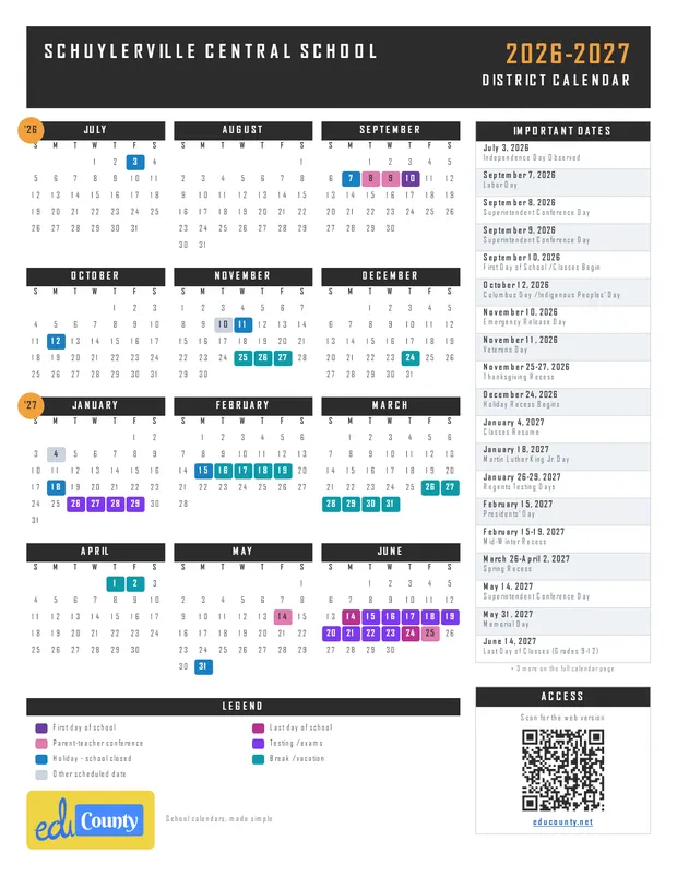 Schuylerville Central School printable 2026-27 calendar