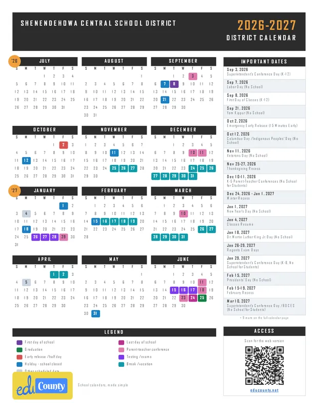 Shenendehowa Central School District printable 2026-27 calendar