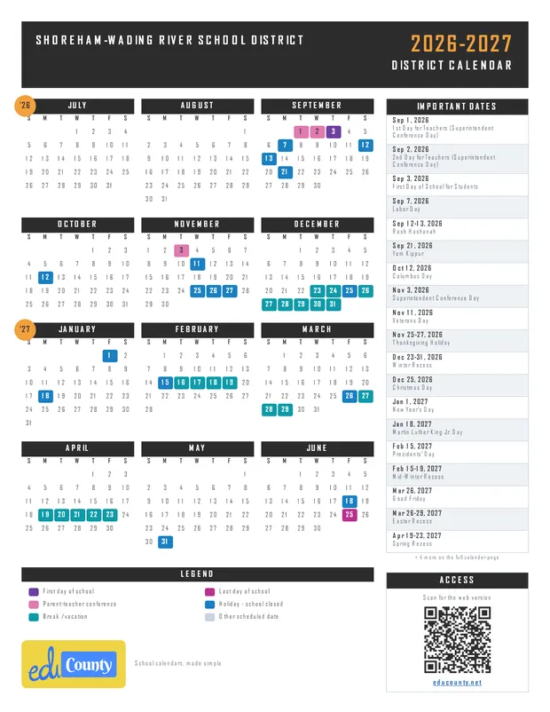 Shoreham-Wading River School District printable 2026-27 calendar