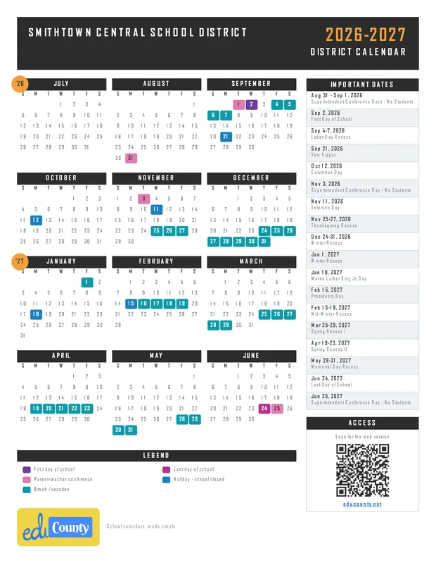 Smithtown Central School District printable 2026-27 calendar