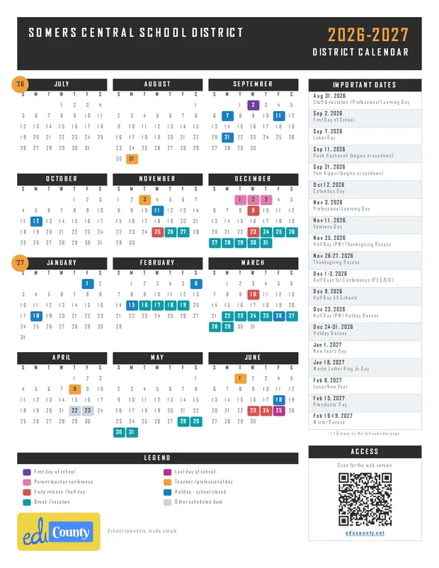 Somers Central School District printable 2026-27 calendar