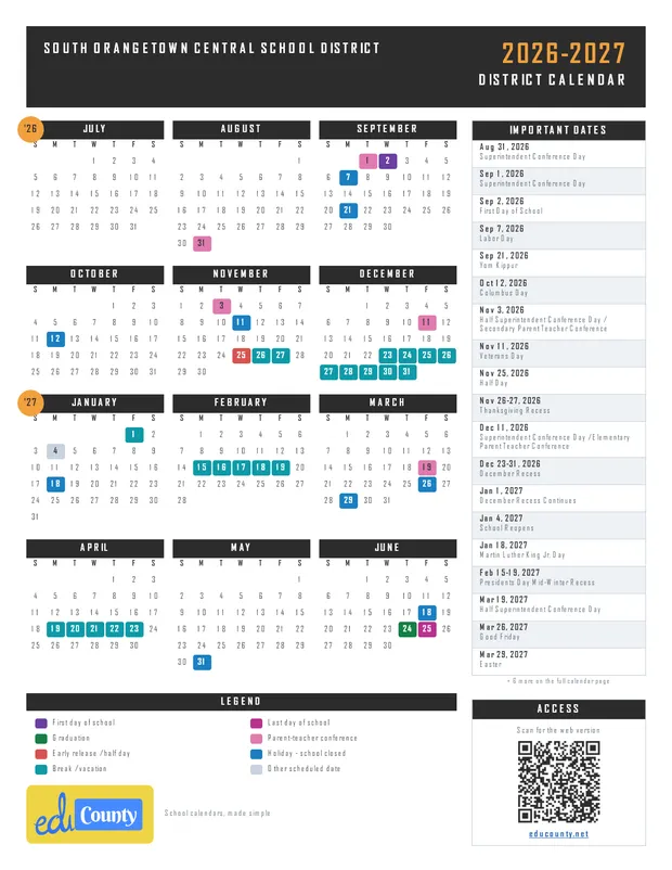 South Orangetown Central School District printable 2026-27 calendar
