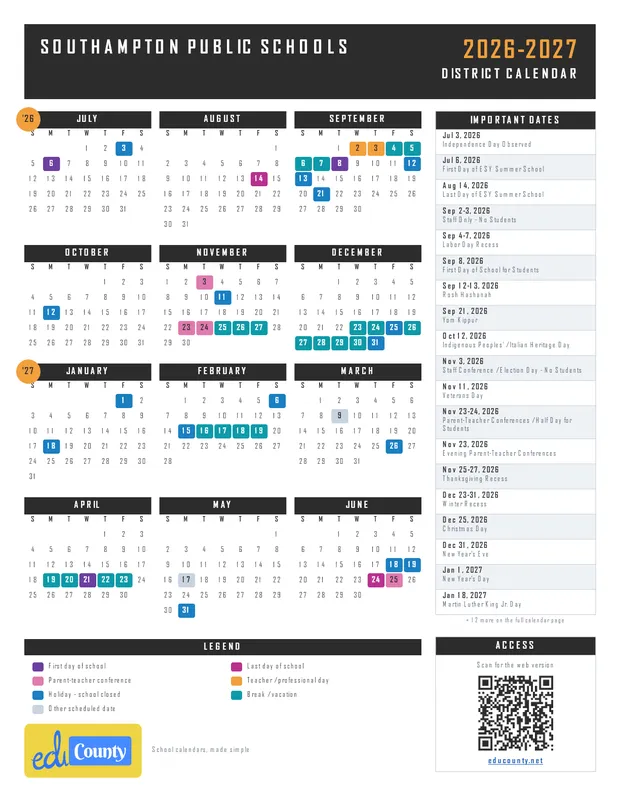 Southampton Public Schools printable 2026-27 calendar