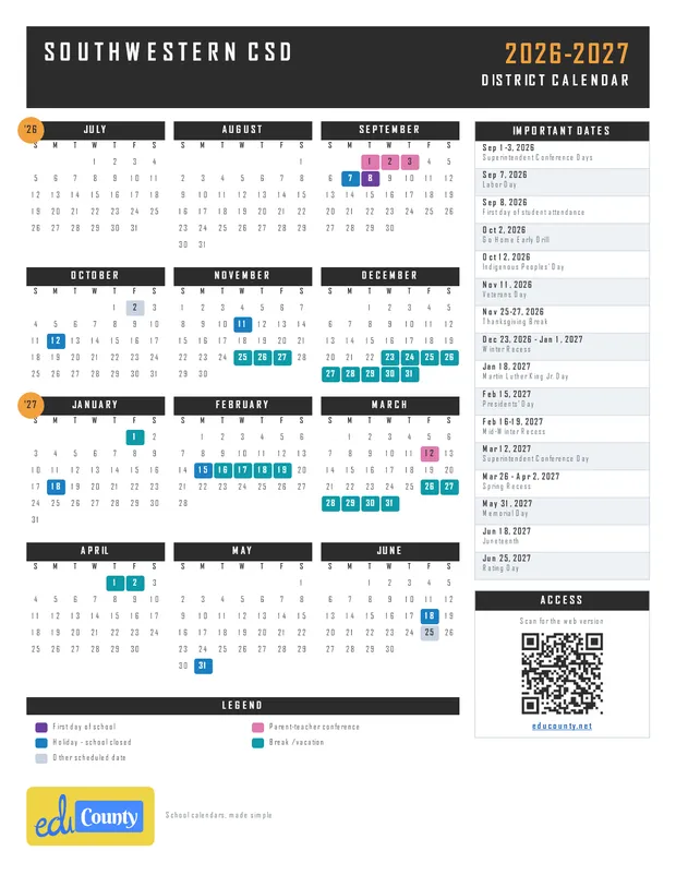 Southwestern CSD printable 2026-27 calendar
