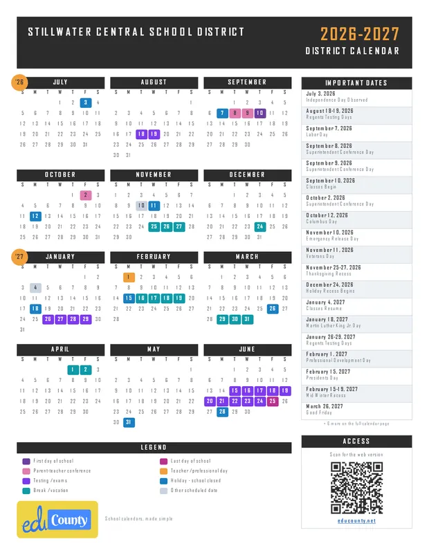 Stillwater Central School District printable 2026-27 calendar