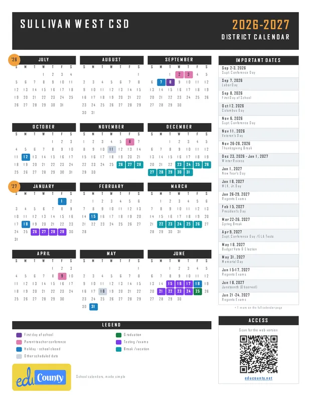 Sullivan West CSD printable 2026-27 calendar