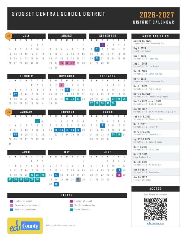Syosset Central School District printable 2026-27 calendar