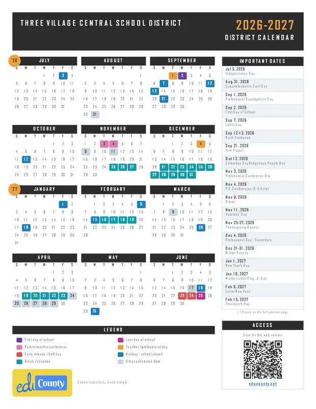 THREE VILLAGE CENTRAL SCHOOL DISTRICT printable 2026-27 calendar