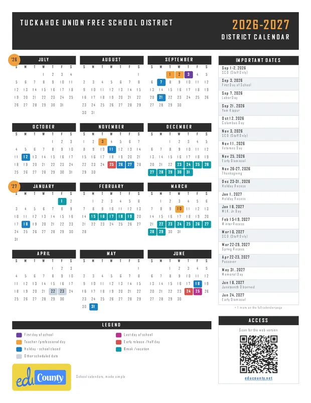 Tuckahoe Union Free School District printable 2026-27 calendar