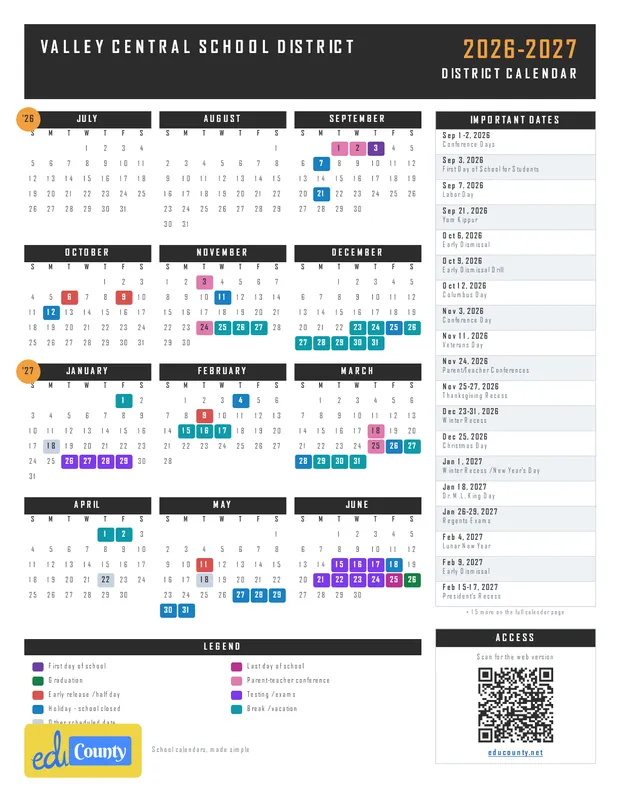 Valley Central School District printable 2026-27 calendar