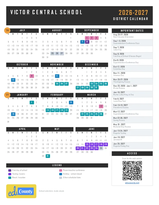 Victor Central School printable 2026-27 calendar