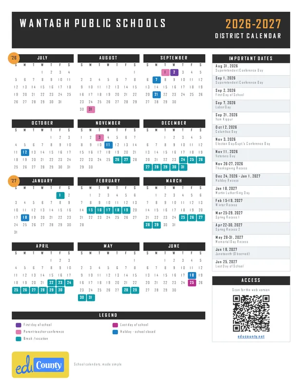 WANTAGH PUBLIC SCHOOLS printable 2026-27 calendar