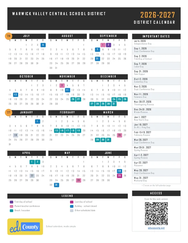 Warwick Valley Central School District printable 2026-27 calendar