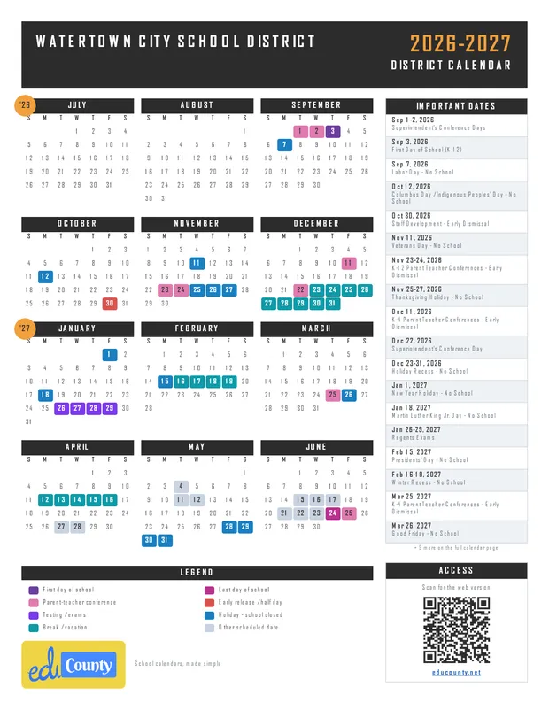 Watertown City School District printable 2026-27 calendar