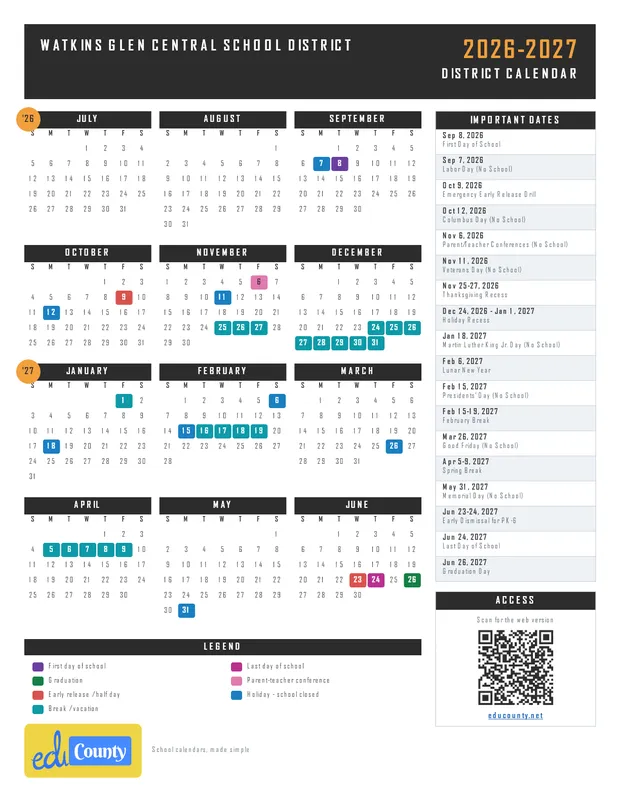 Watkins Glen Central School District printable 2026-27 calendar