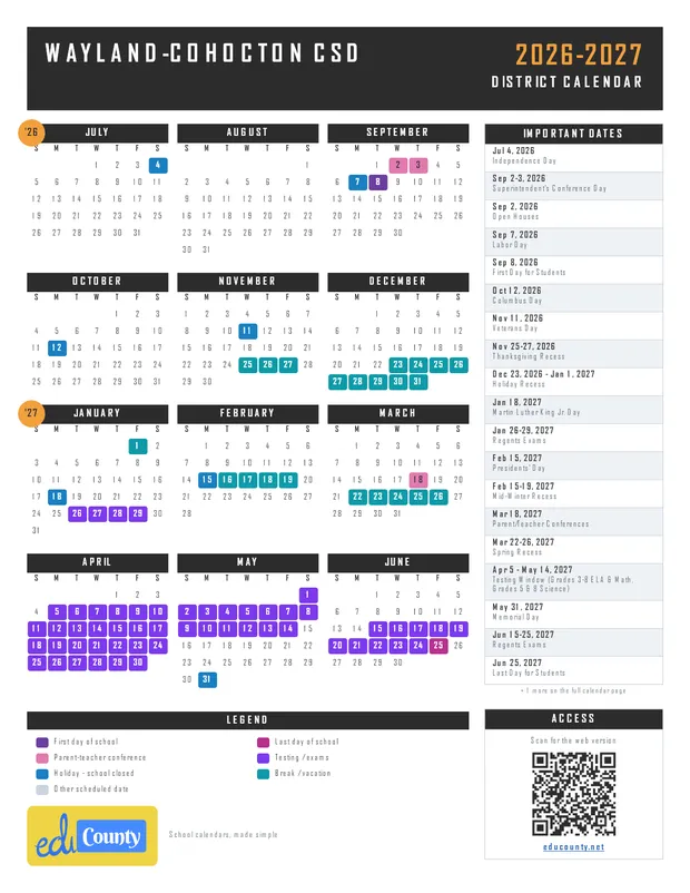 Wayland-Cohocton CSD printable 2026-27 calendar